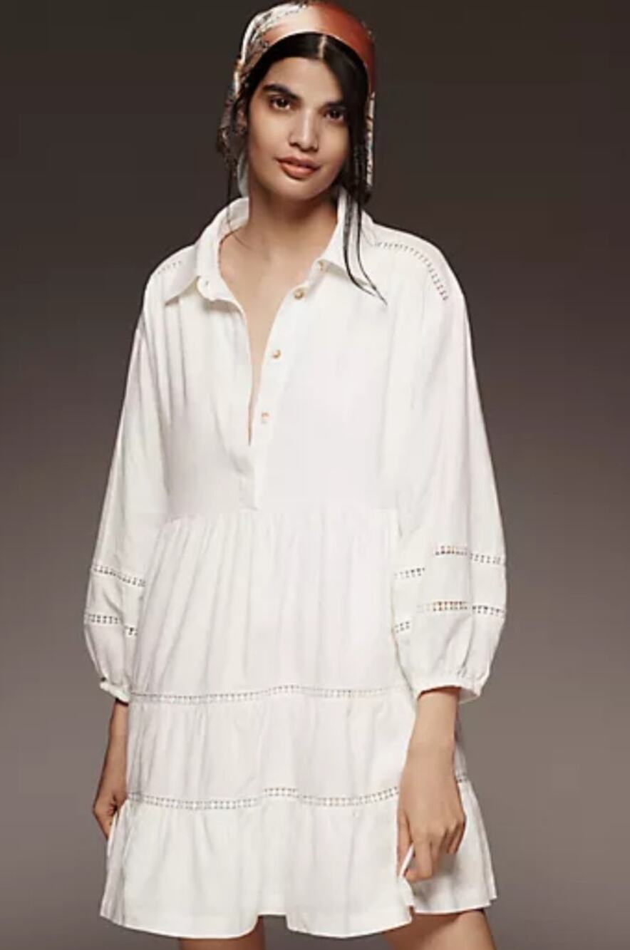 Anthropologie Maeve White Linen Blend Tiered Mini Dress Boho Resort Coastal XL
